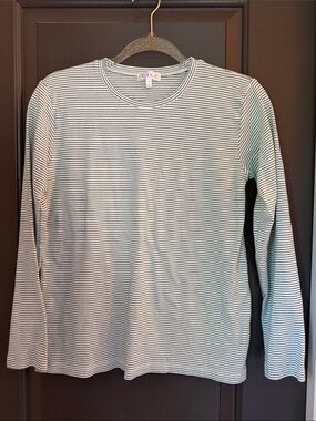 LAKE Striped Long Sleeve Crew Tee - White & Dark Green